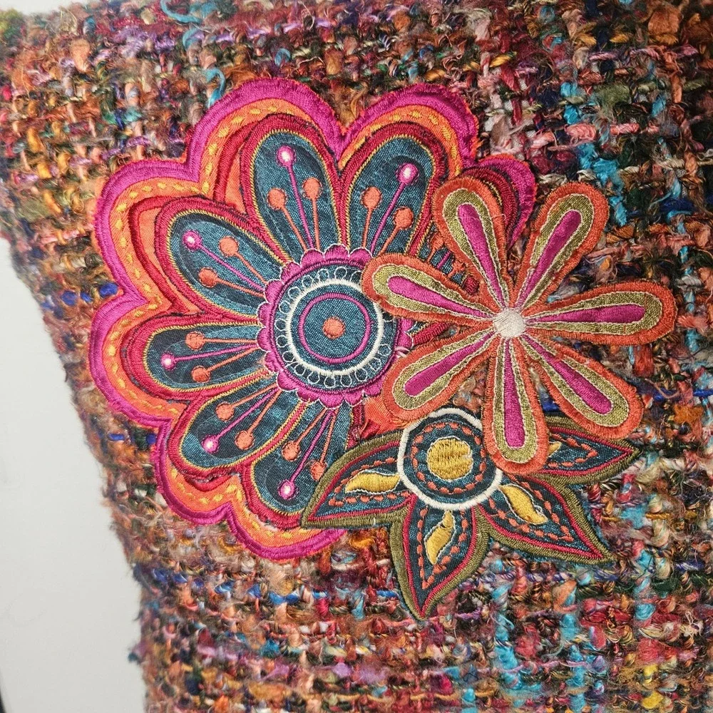 Pier 1 Imports Boho Floral Embroidered Tweed Throw Pillow Magenta Purple 17x12